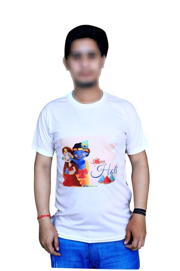Happy Holi Festival Graphic Print T Shirt, White Cotton, Round Neck