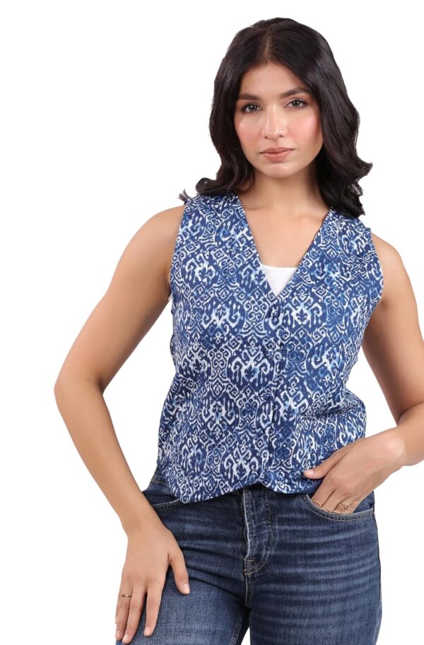 Janasya Women's Pure Cotton Floral Printed Regular Quilted Vest Jacket