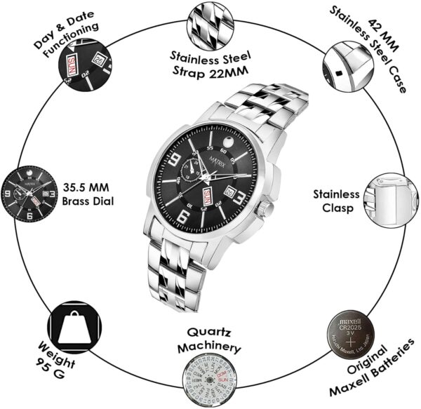 Matrix Black Blue White Dial Day Date Functioning Stainless Steel Strap Analog Watch for Men Women.jpg