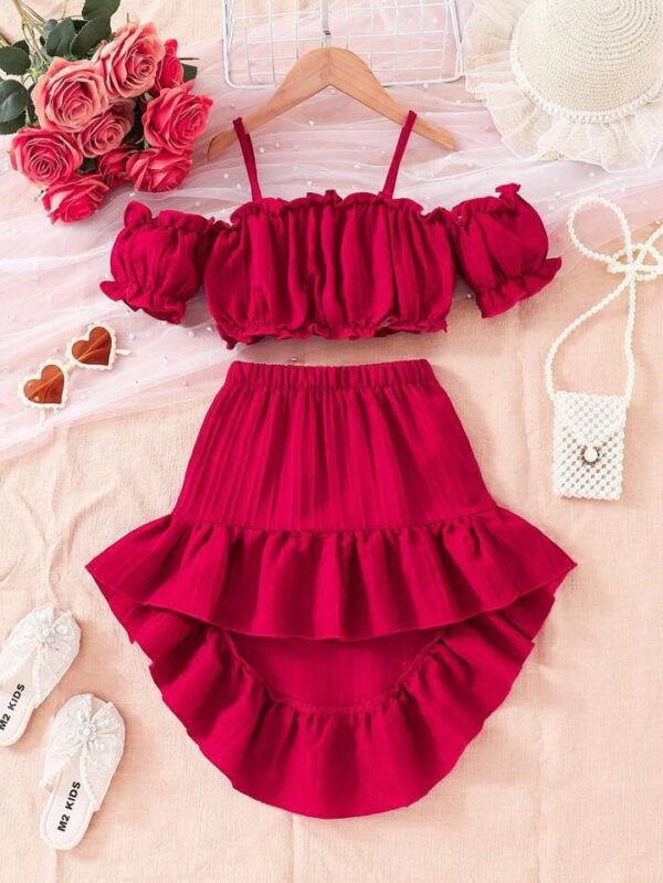 Selfie Creation Girls White Off Shoulder Ruffle Crop Top and High Low Skirt Set Summer Beach Style.jpg