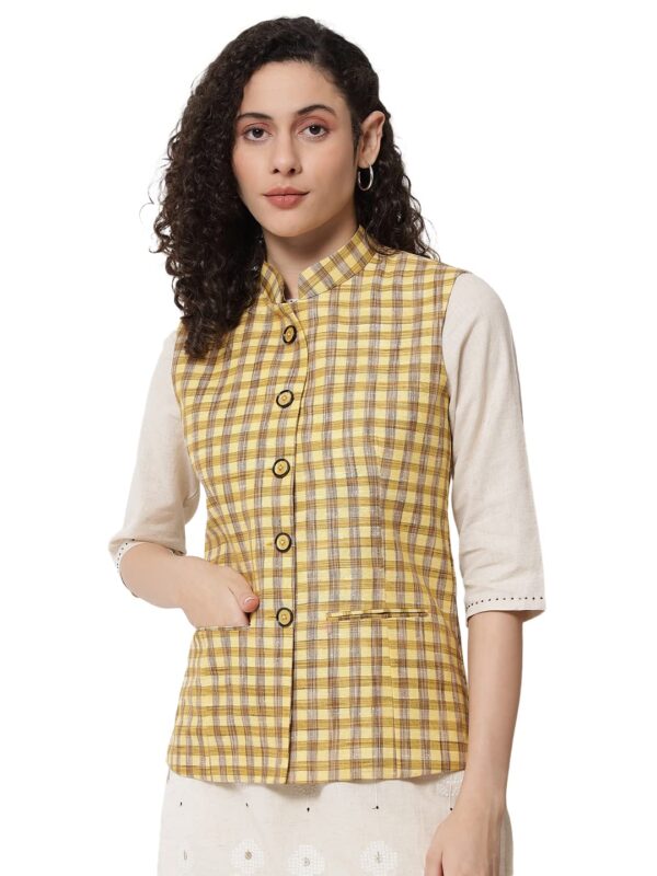 VASTRAA FUSION Womens Handloom Block Check Print Nehru Jacket