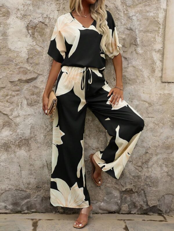 1751391410 Shasmi Womens Casual Elegant Black Floral Printed Batwing V Neck Blouse Sleeve Shirt Wide Long Pants for.jpg